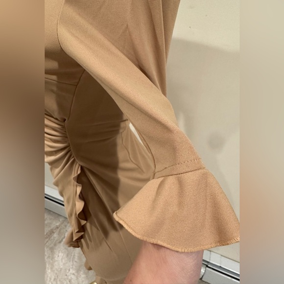 Express Golden Yellow V Neck Wrap Look, Ruffle Edges Draped Midi Dress Sz S - Picture 5 of 13